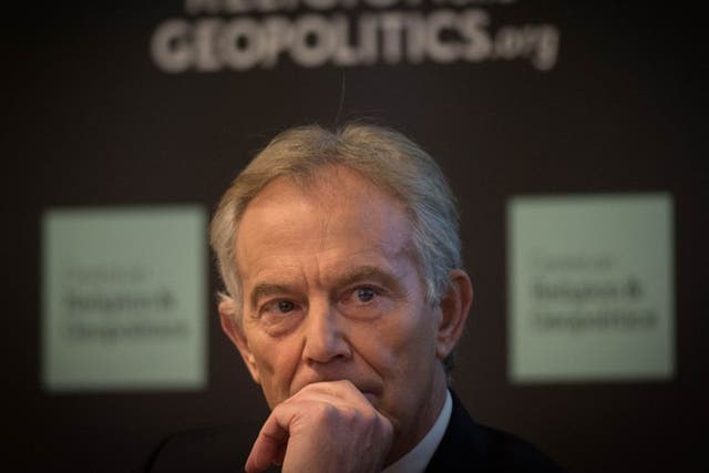 Former prime minister Tony Blair takes part in a discussion on Britain in the World in central london, where he admitted the West "underestimated" the problems in Iraq after the toppling of Saddam Hussein as he called for British ground troops to return to the region to take on Isis