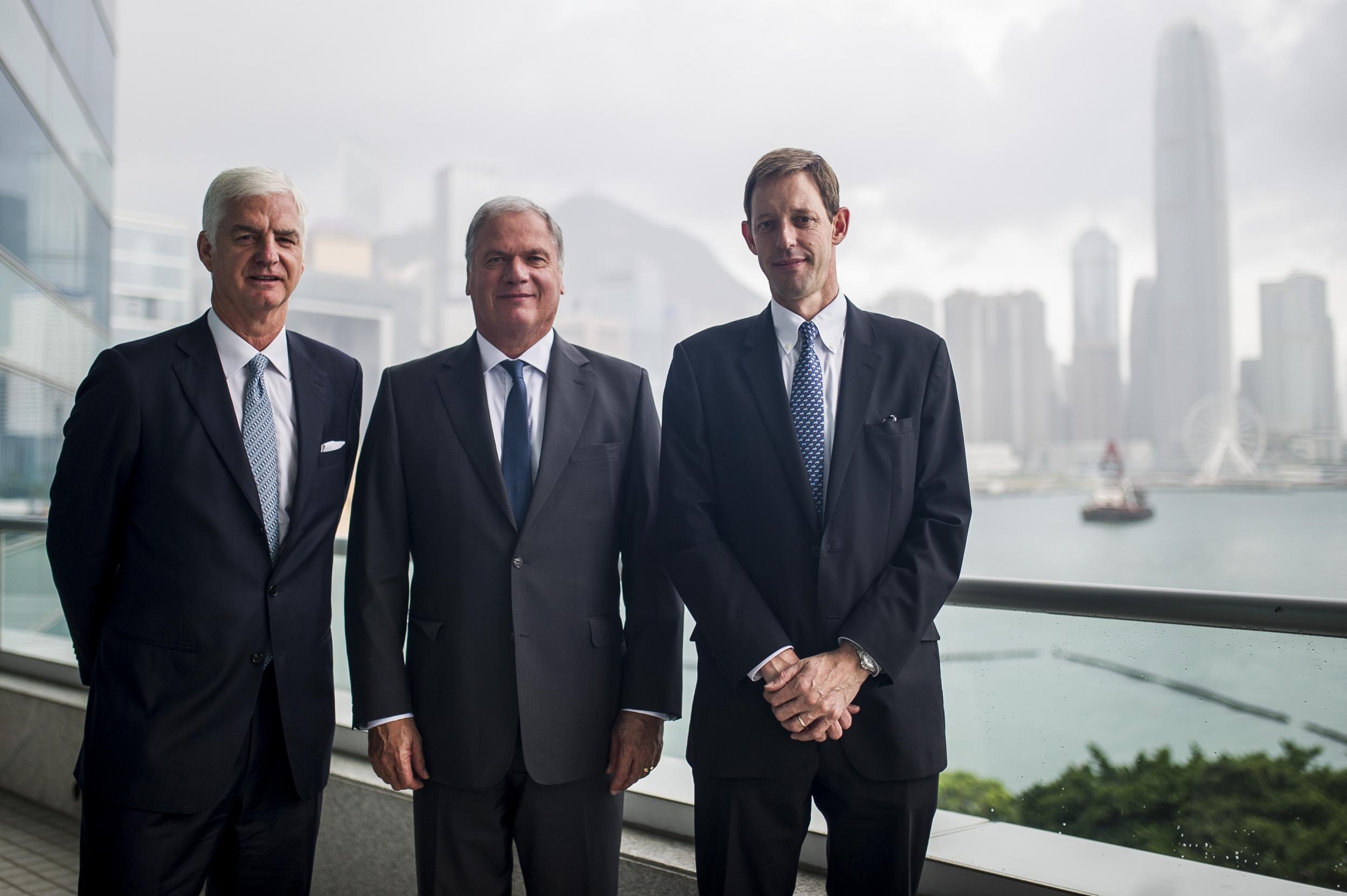 De Beers Forevermark CEO Stephen Lussier (L), De Beers CEO Philippe Mellier (C) and De Beers Executive Head of Strategy and Corporate Affairs Bruce Cleaver (R)