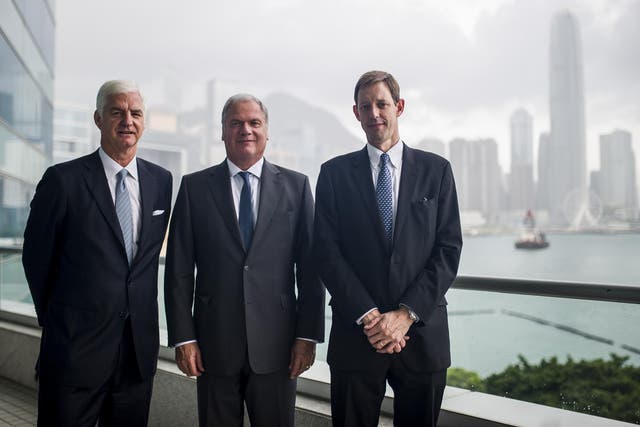 De Beers Forevermark CEO Stephen Lussier (L), De Beers CEO Philippe Mellier (C) and De Beers Executive Head of Strategy and Corporate Affairs Bruce Cleaver (R) 