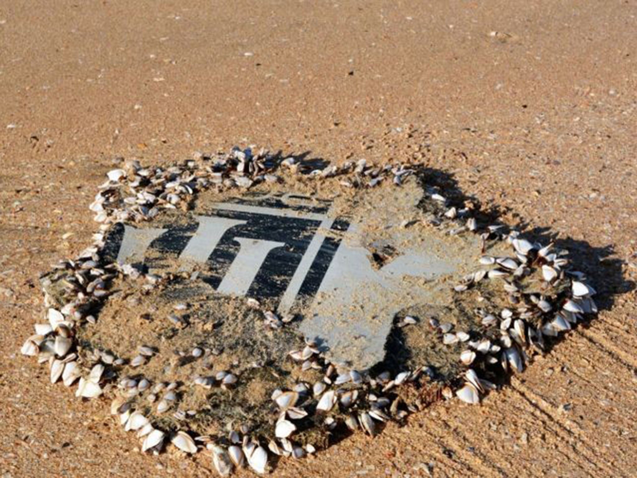 A piece of the missing MH370 aircraft engine cowling stamped with the Rolls Royce logo. It was found on a South African beach in December 2015