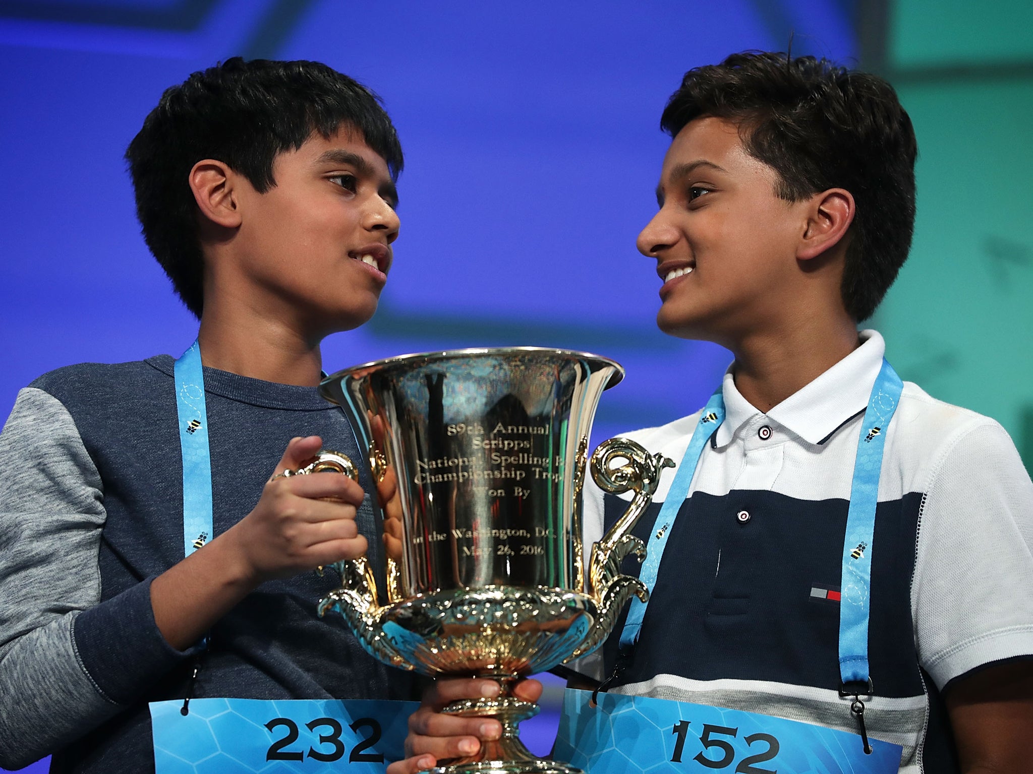 Nihar Janga (left) and Jairam Hathwar tied the Scripps National Spelling Bee