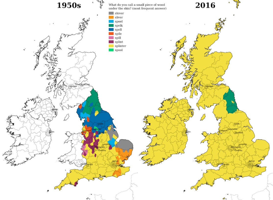There used to be a number of regional variants for 'splinter' in the 1950s (left) - now there are far fewer