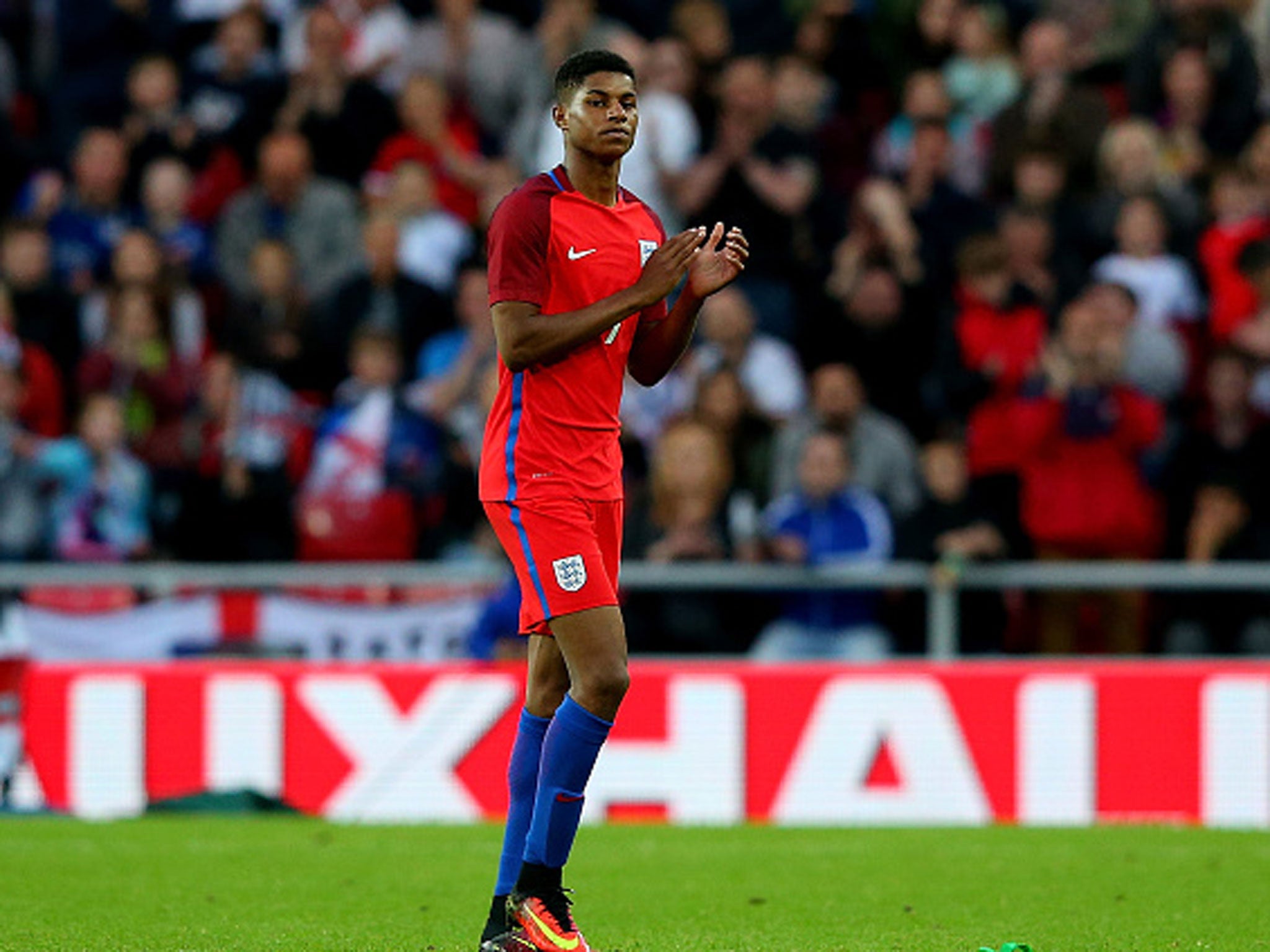 Marcus Rashford returns the supporters' applause as he is taken off late in the win over Australia on Friday (Getty)