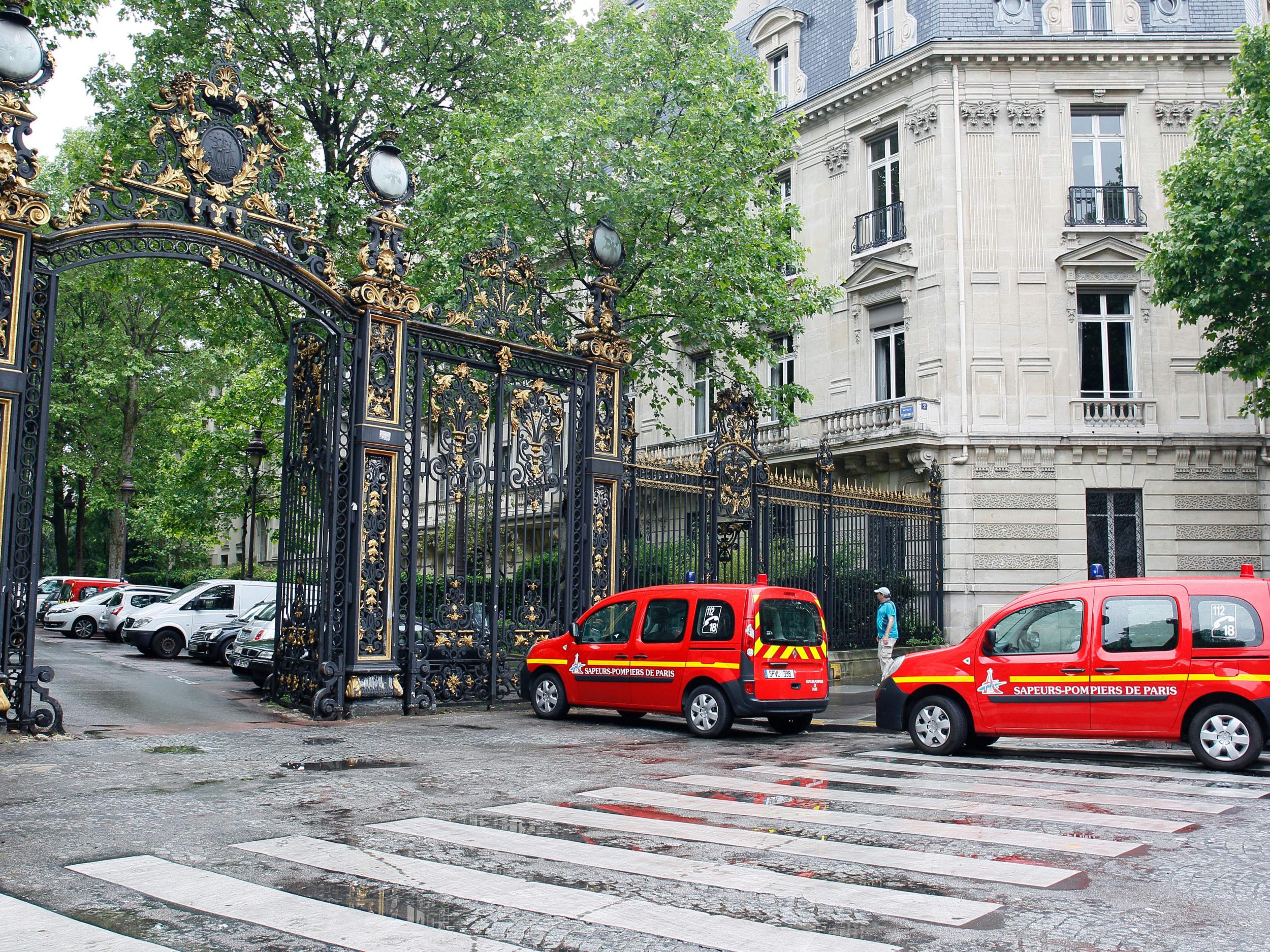 Vehicles of firefigthers are parked at the entrance of the Parc Monceau on May 28, 2016 in Paris, after eleven people including 10 children were struck by lightning in the park (AFP/Getty )