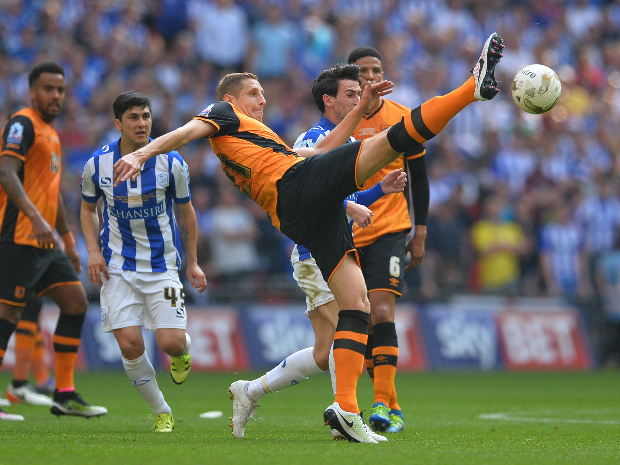 Michael Dawson stretches for the ball during the Championship play-off final