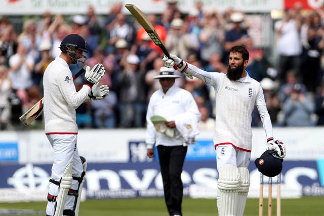 Moeen salutes the crowd after claiming his ton