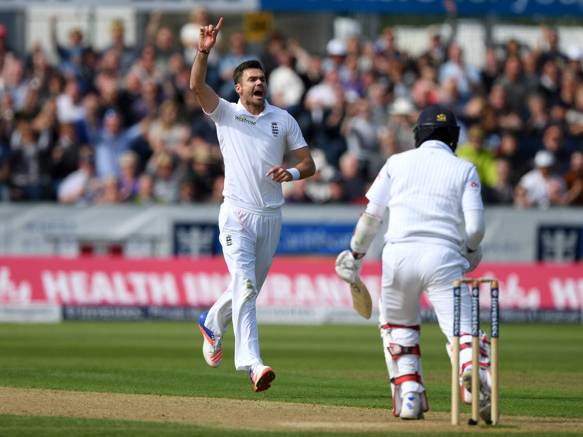 England bowler James Anderson celebrates taking a wicket in the second Test against Sri Lanka