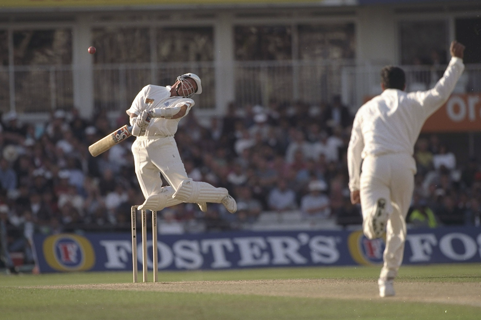 England's Alec Stewart avoids a bouncer from Wasim Akram. Credit: Getty.