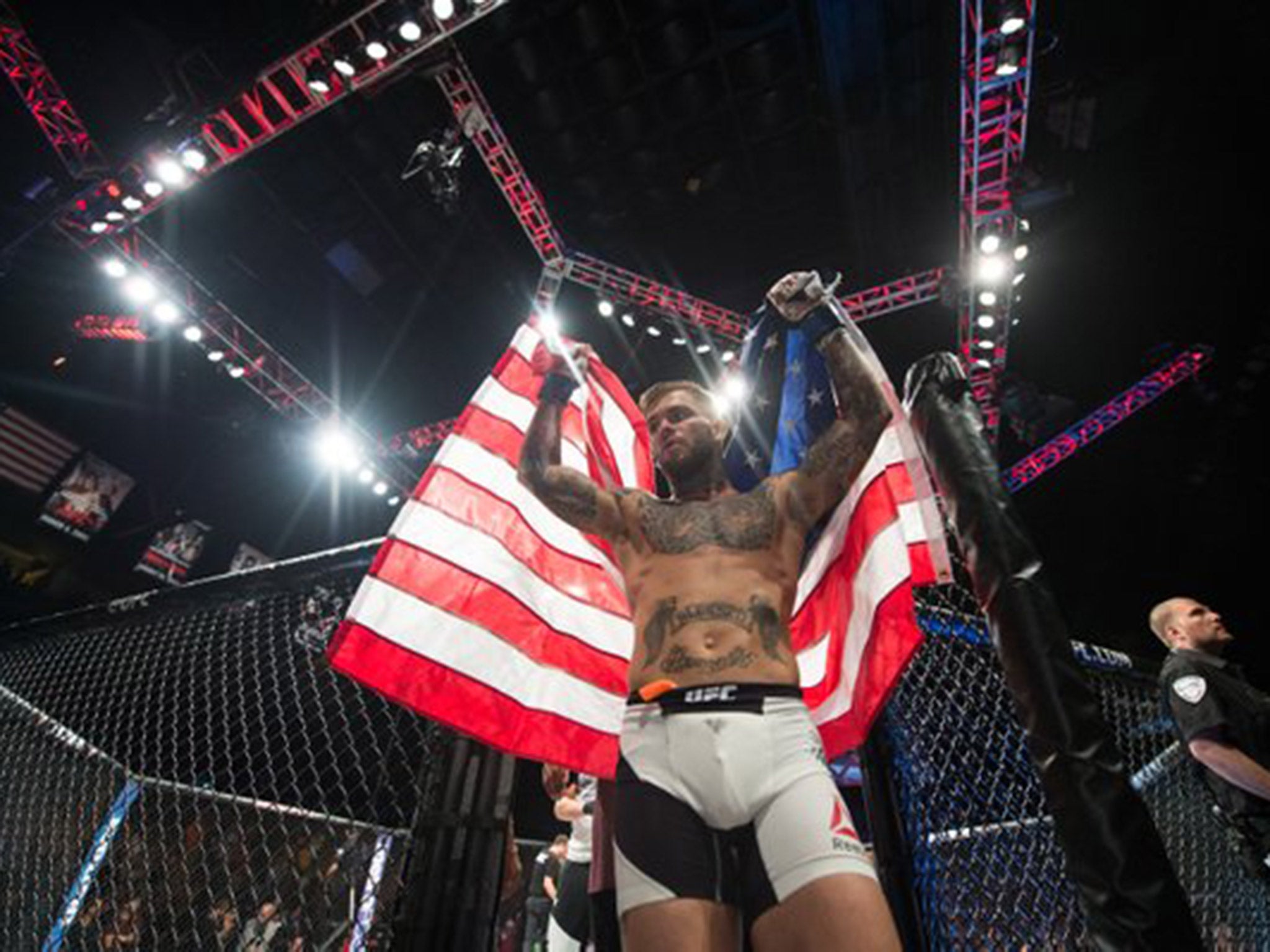 Cody Garbrandt celebrates his UFC Fight Night 88 victory over Thomas Almeida