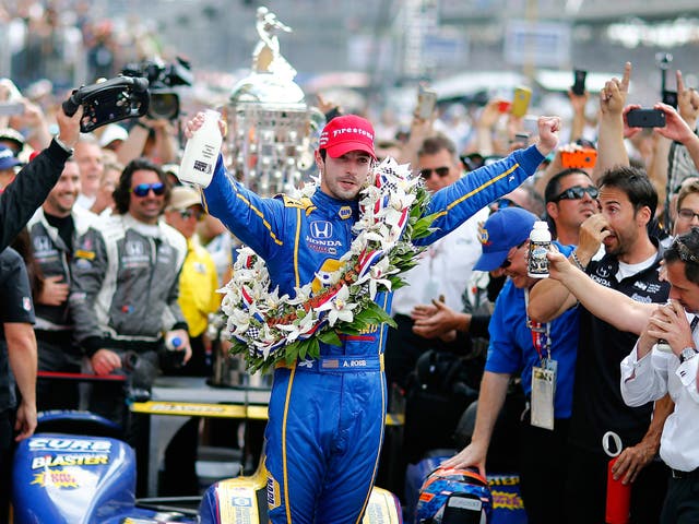 Alexander Rossi celebrates winning the Indy 500
