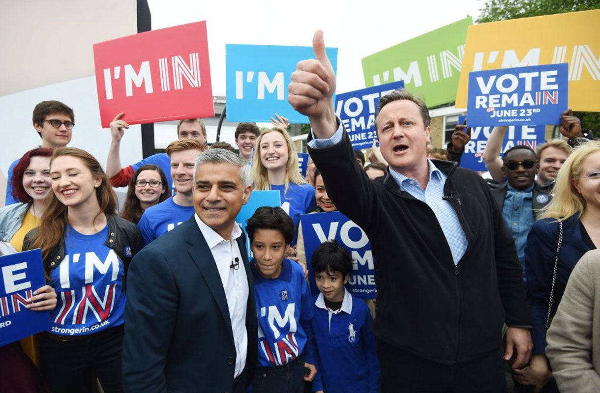 Sadiq Khan and David Cameron at Remain rally in south London yesterday