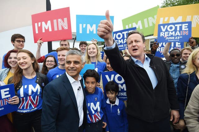 Sadiq Khan and David Cameron at Remain rally in south London yesterday