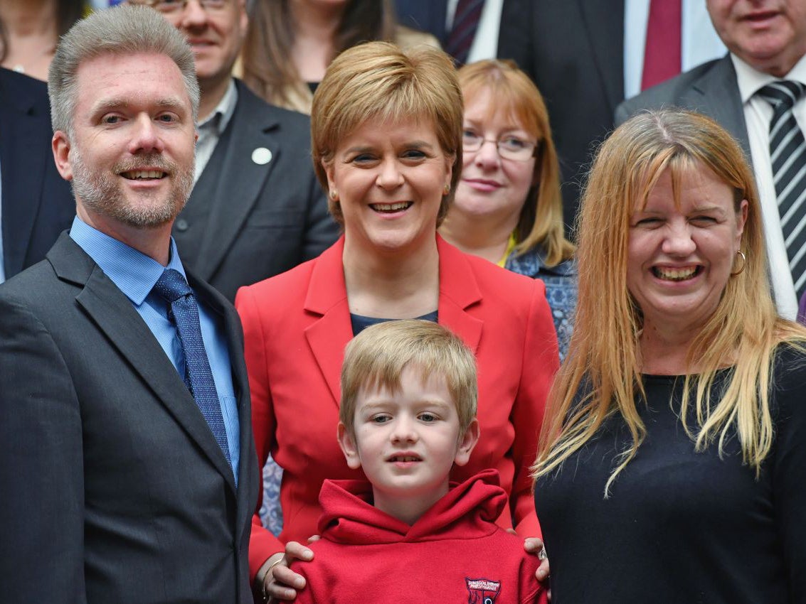 Gregg, Kathryn and Lachlan Brain meet Scotland's First Minister Nicola Sturgeon at the Scottish Parliament garden lobby on May 26 (Getty Images )