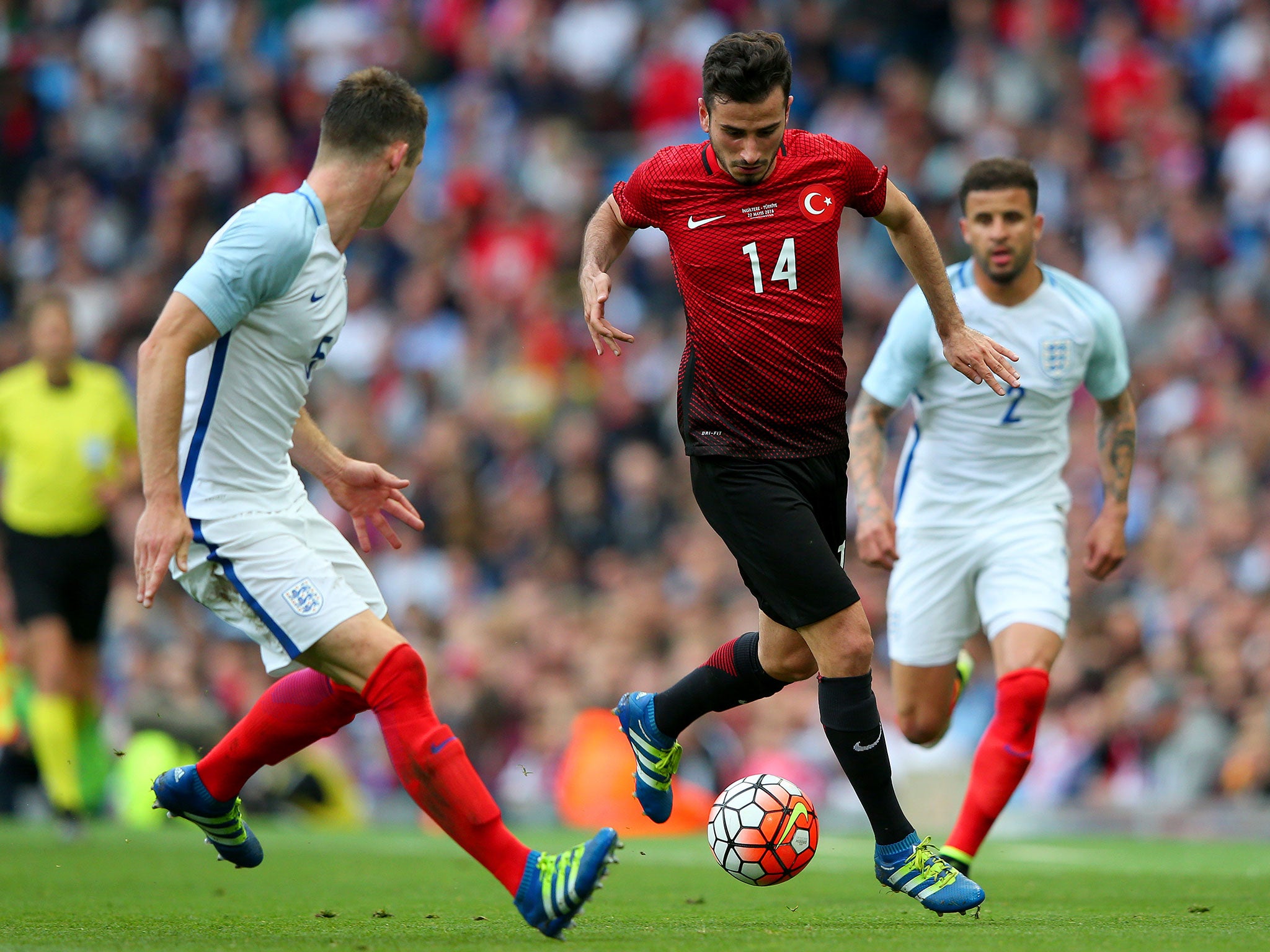 Oguzhan Ozyakup in action against England at the Etihad Stadium last month