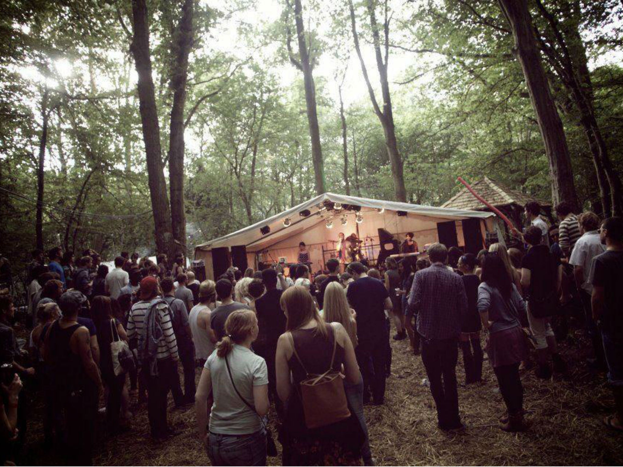 Festival-goers enjoy watching a band play at In the Woods boutique festival in Kent
