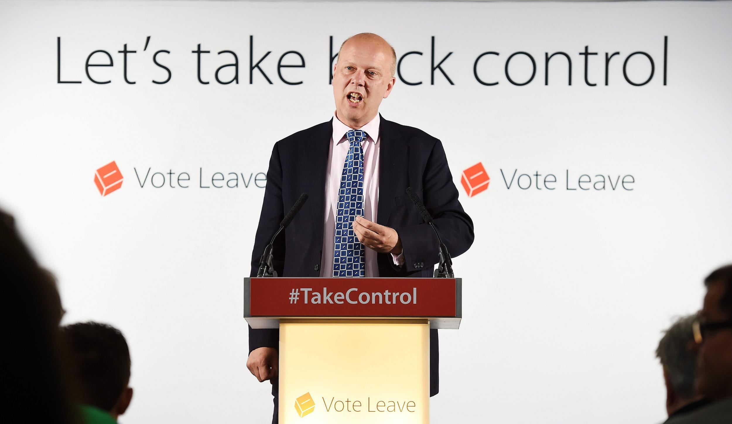 Leader of the House of Commons Chris Grayling delivers a speech at the Vote Leave campaign headquarters in London