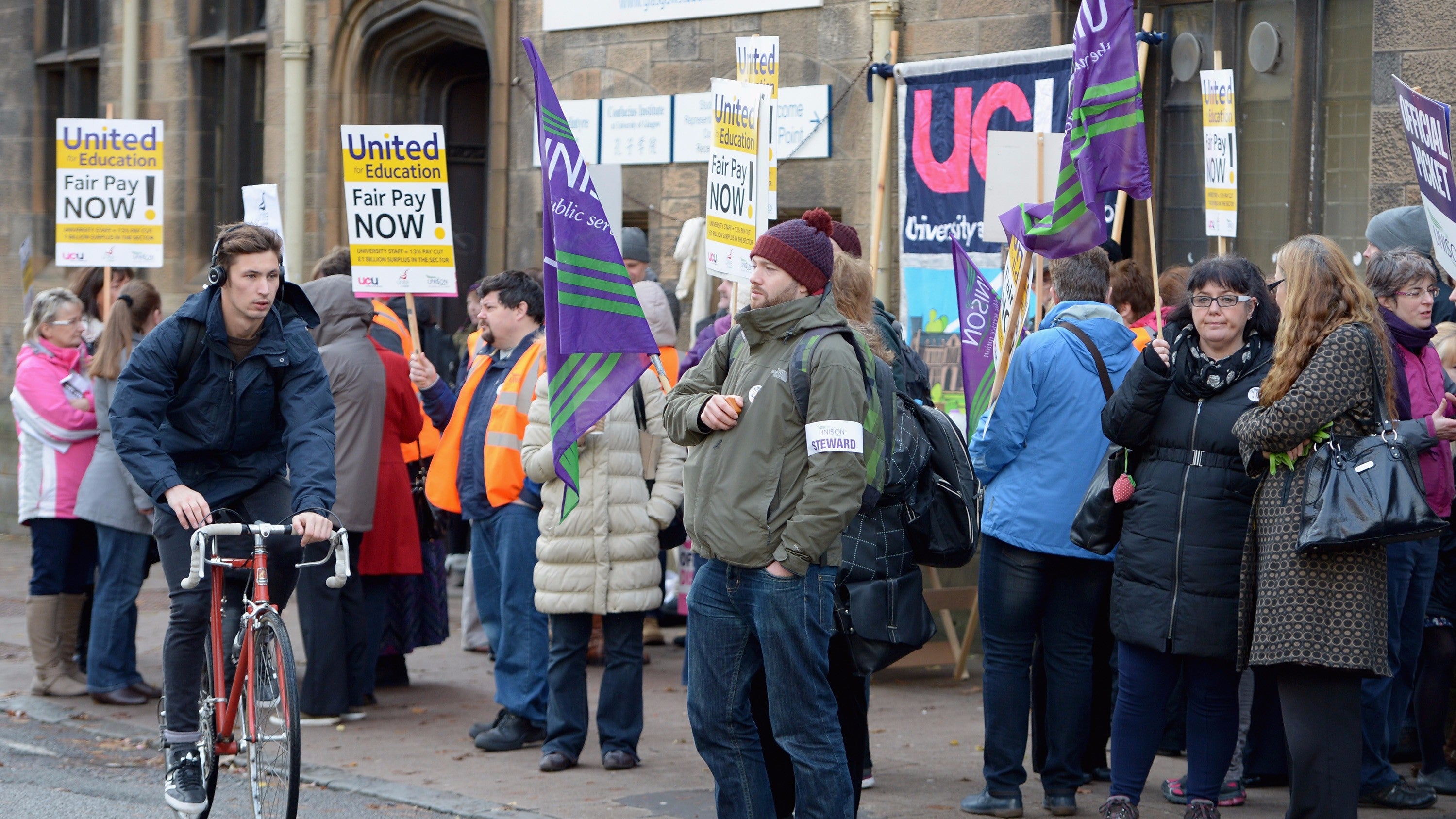 University staff across the UK have staged a two-day strike over pay, similar to this one, pictured, at Glasgow University in 2013
