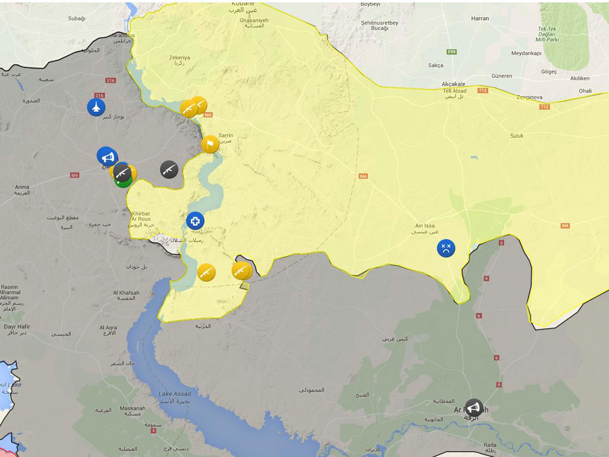 The predominantly Kurdish Syrian Democratic Forces (yellow) offensive against Isis territory (black) near Manbij seen on 1 June 2016.