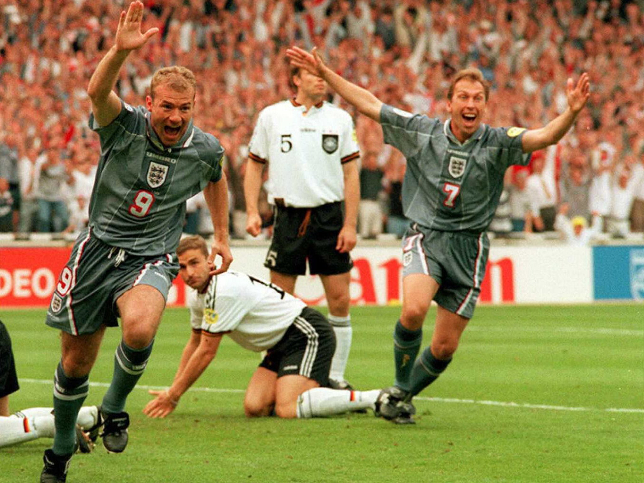 Alan Shearer peels away to celebrate scoring the first goal in the Euro 96 semi-final