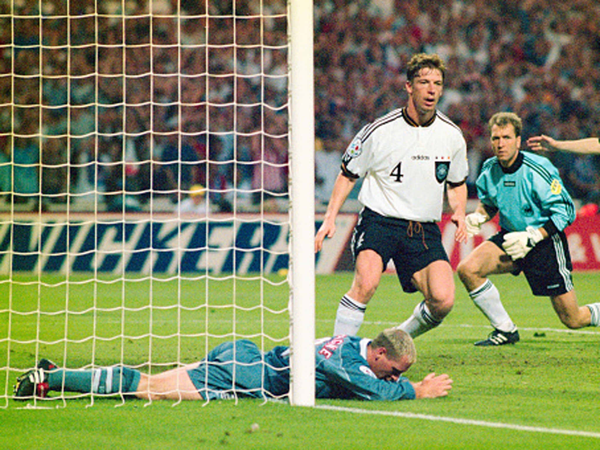 Paul Gascoigne after just failing to convert Alan Shearer's cross in golden goal extra time against Germany in 1996