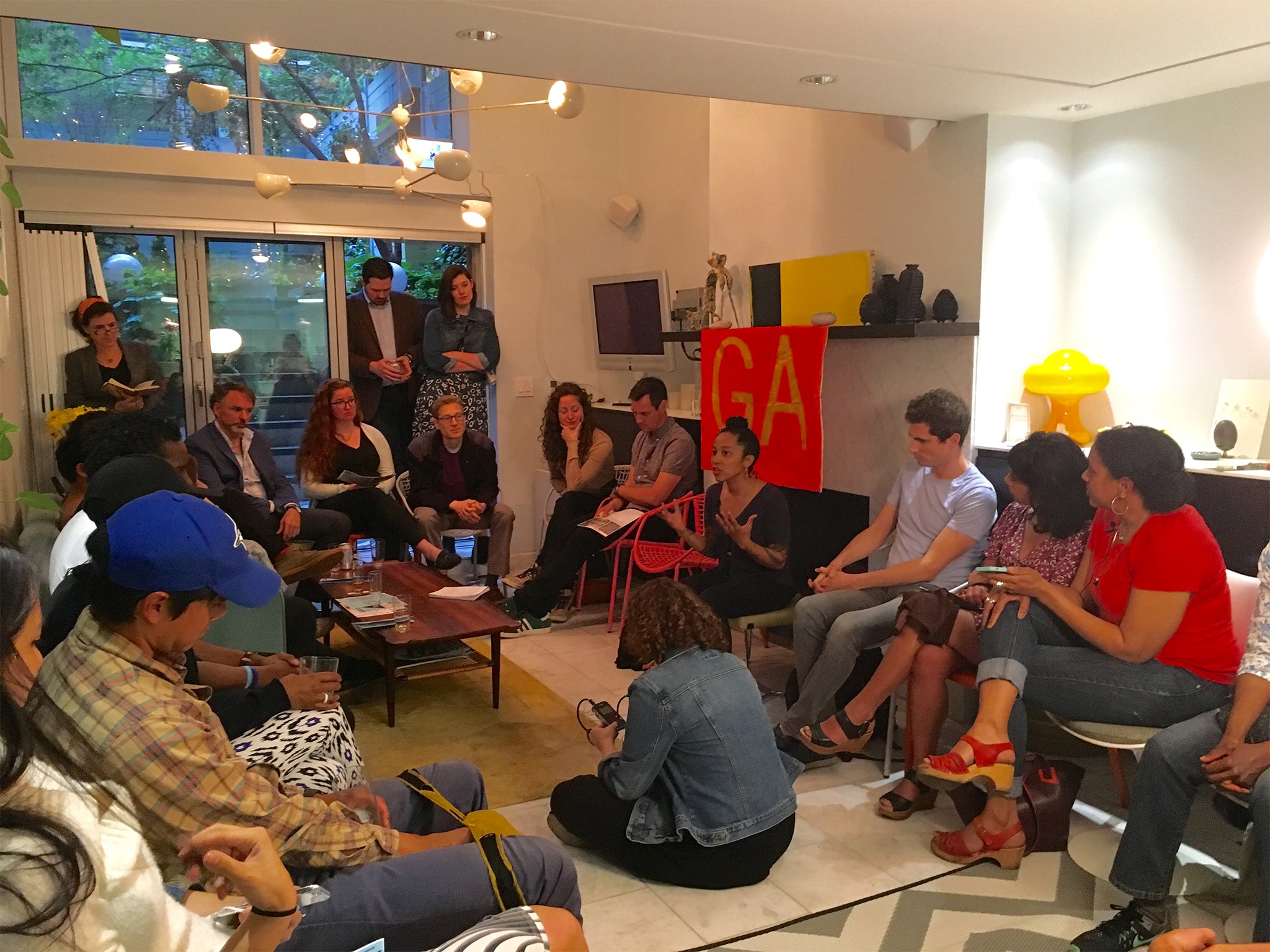 A Gentrifiers Anonymous meeting in Chelsea, New York, in May