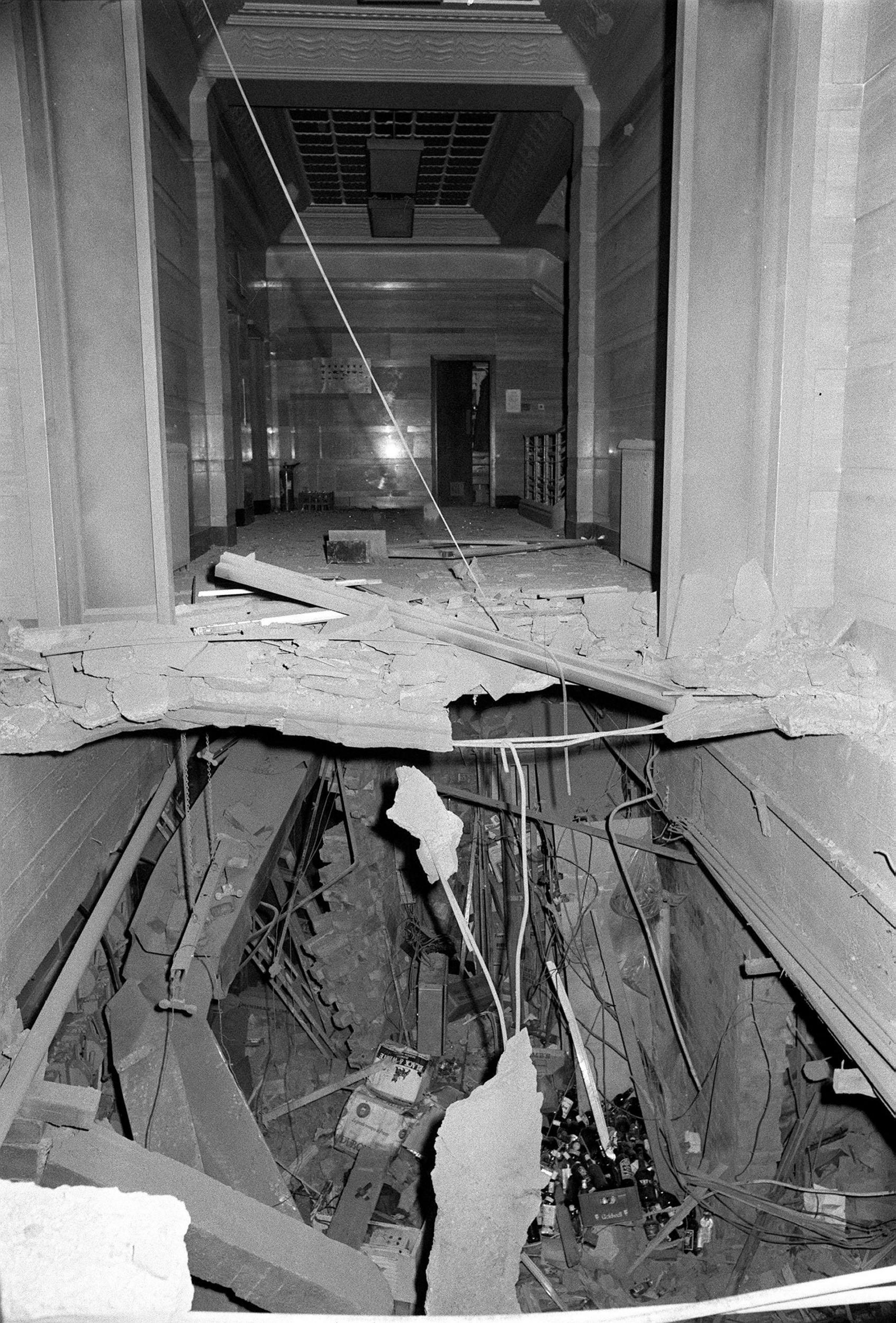 The wreckage left at the underground Tavern in the Town pub on New Street