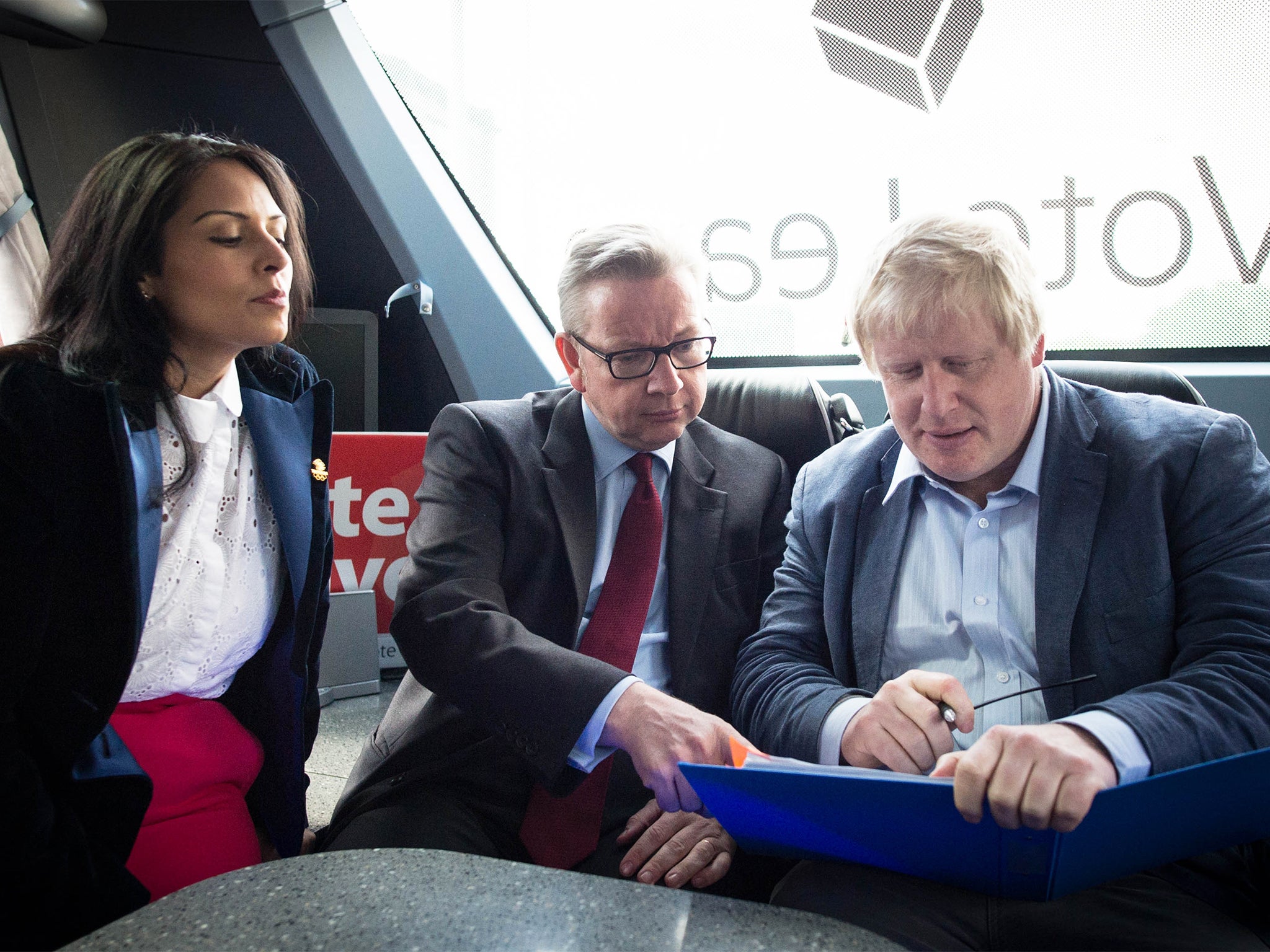 Priti Patel, Michael Gove and Boris Johnson on the Vote Leave campaign bus in Lancashire yesterday