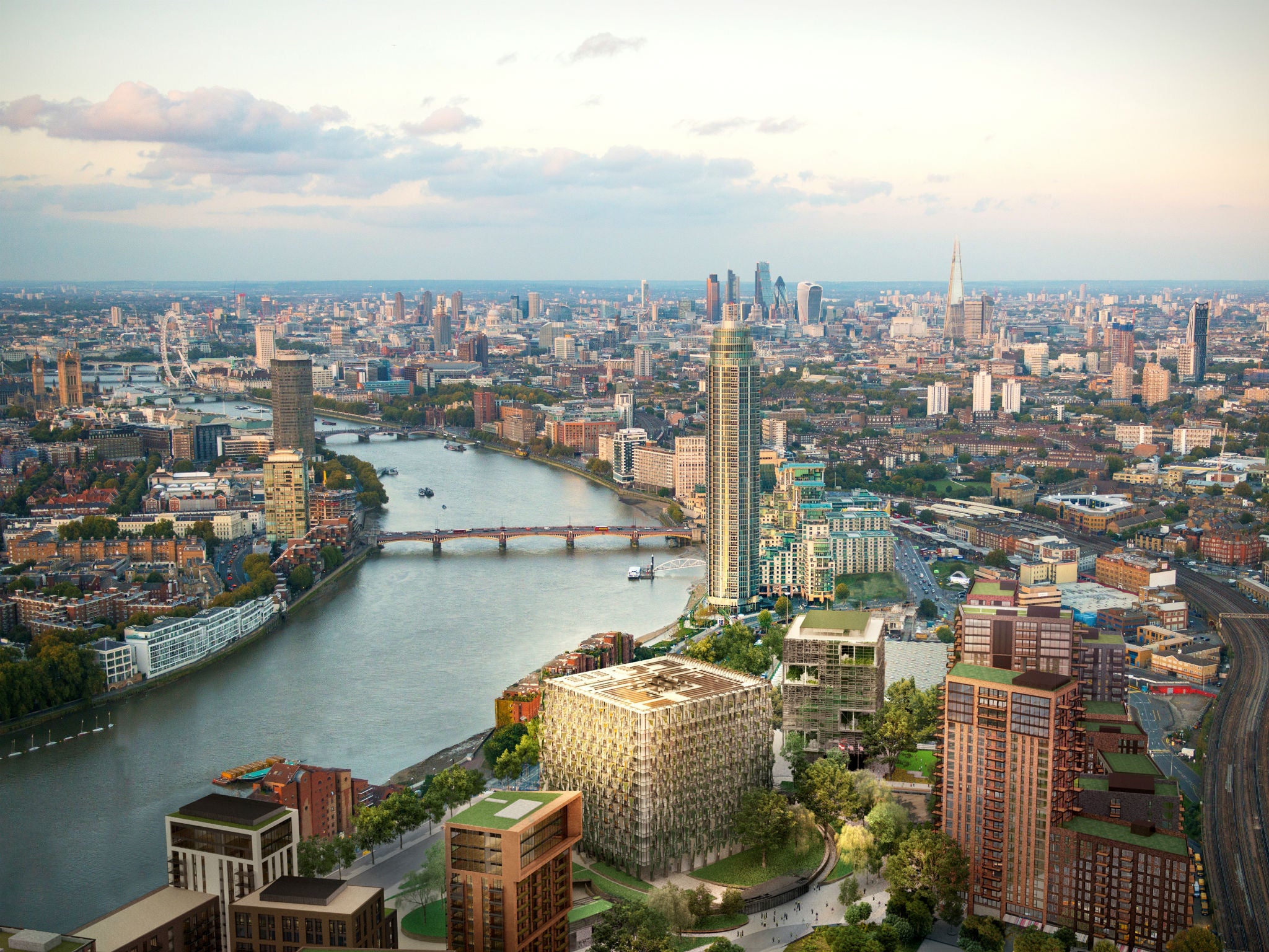 The aerial view of London from the Embassy Gardens, which will host a talk by the Sky Pool design team