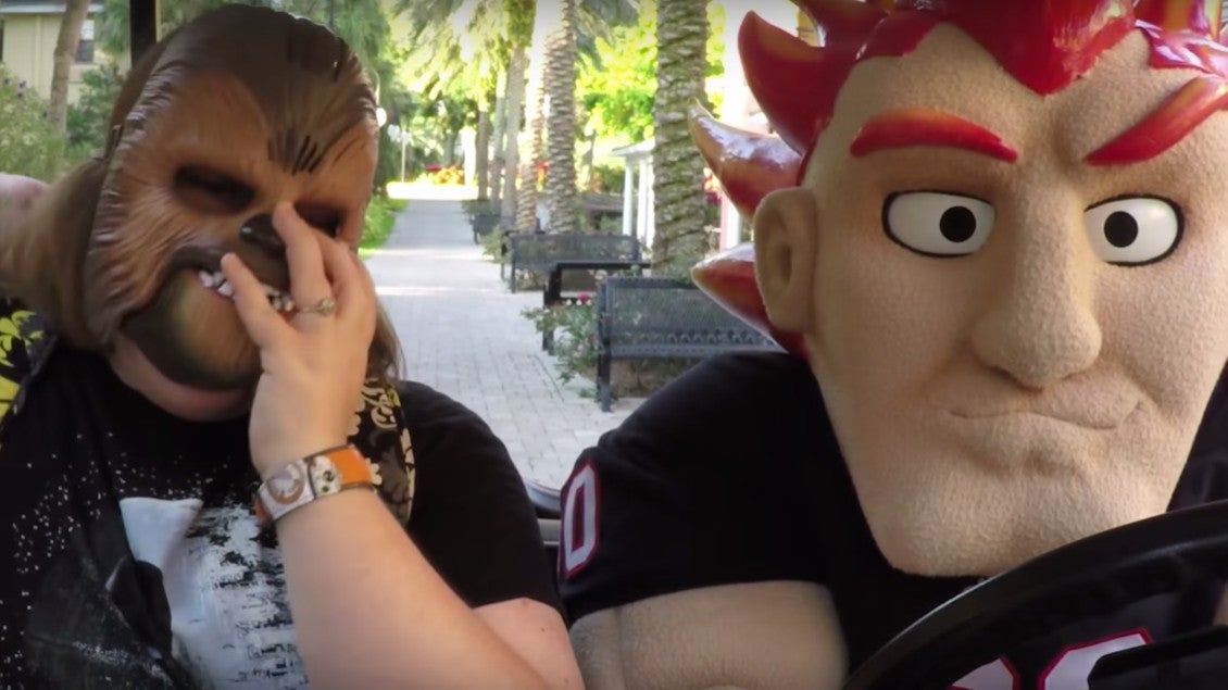 'Chewbacca Mom' gets a tour of the university's campus grounds with mascot, Scorch