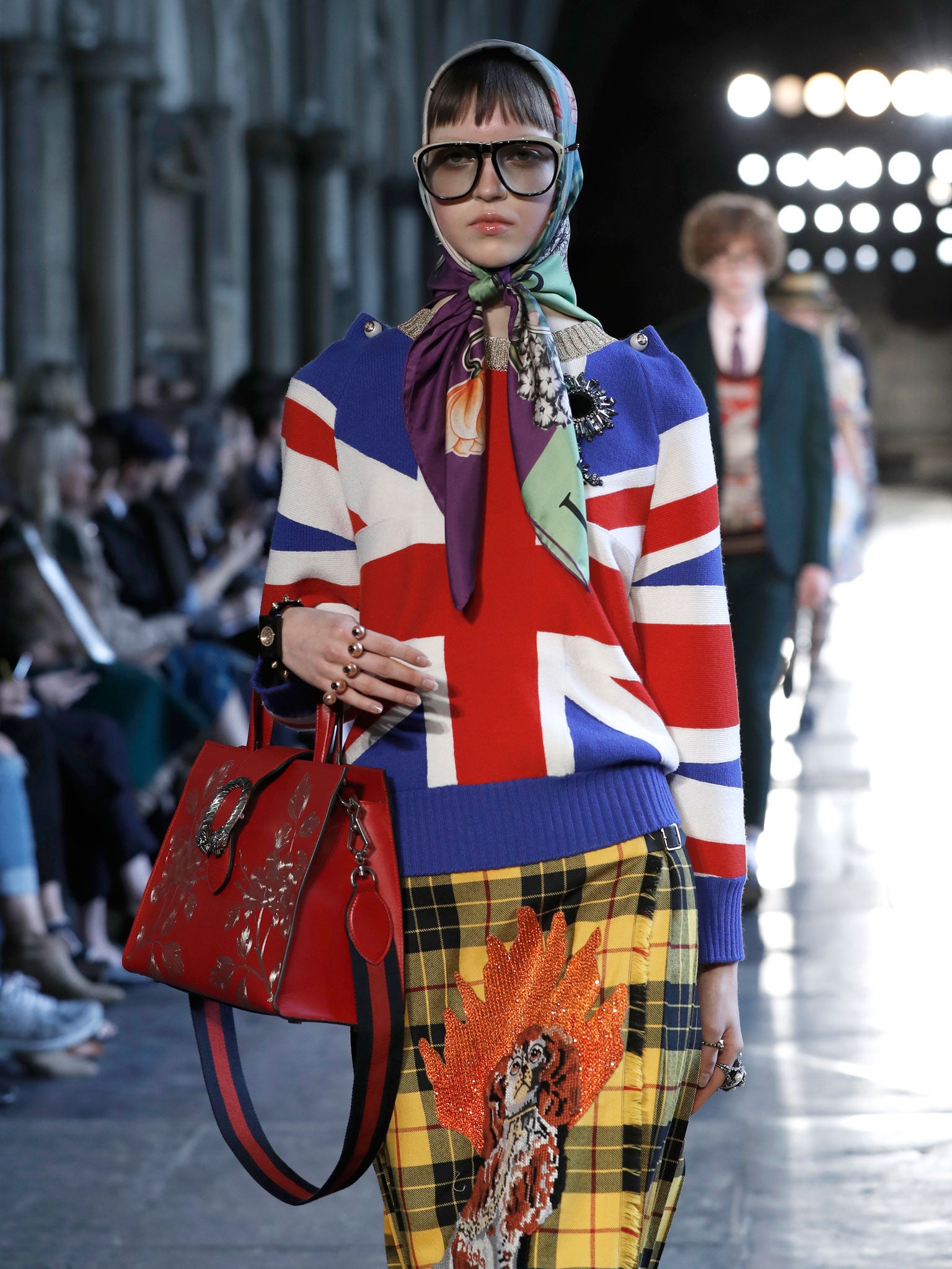 A Union Jack sweater in Gucci's Cruise 2017 show