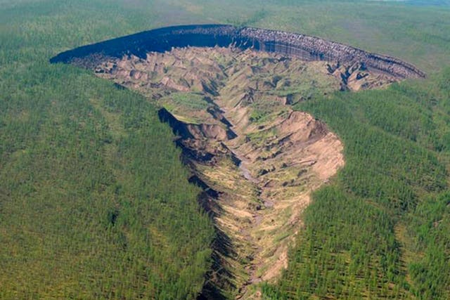 The Batagaika crater in Siberia is widening by up to 20m a year and is a sign of the rate at which the world is warming