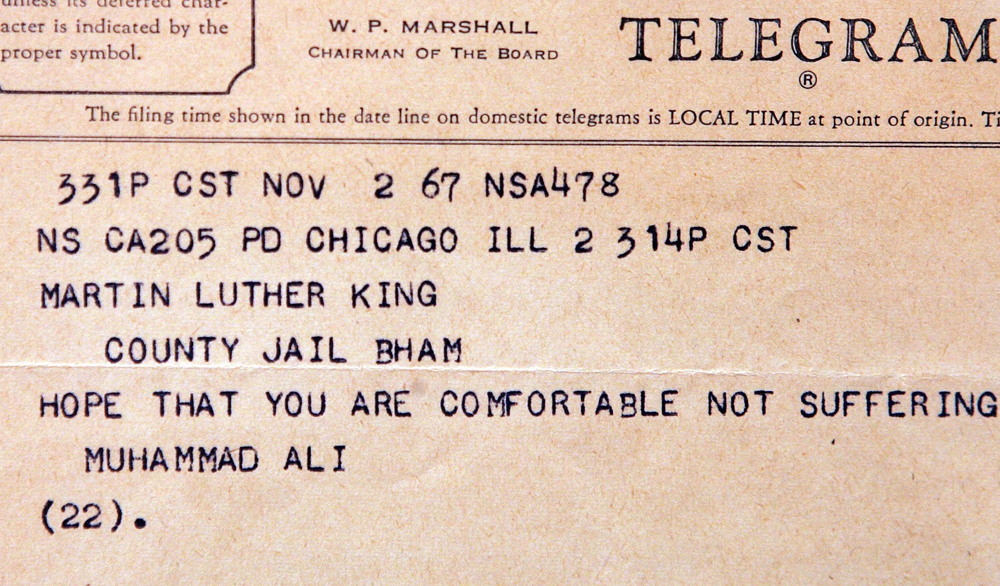 Muhammad Ali's telegram to a jailed Dr. Martin Luther King Jr from 1967