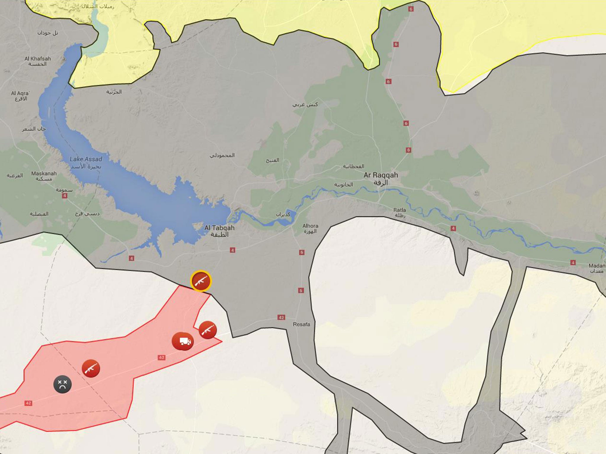 The reported location of the Syrian army's advance on Raqqa province (in red) on 4 June 2016. Isis territory is seen in black and areas held by the Syrian Democratic Forces in yellow.