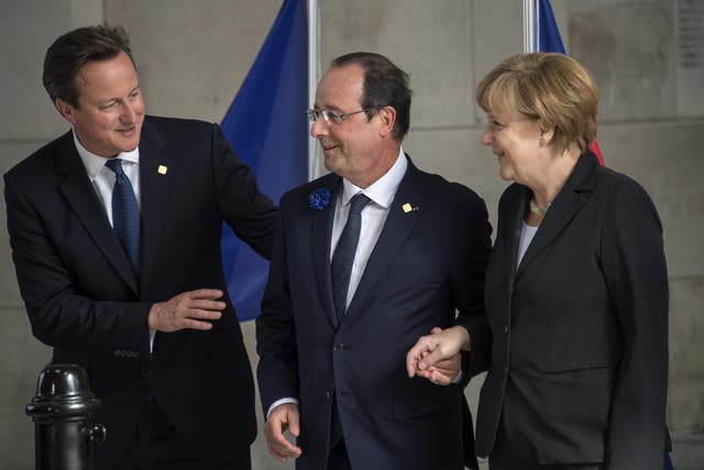 British Prime Minister David Cameron, French President Francois Hollande and German Chancellor Angela Merkel