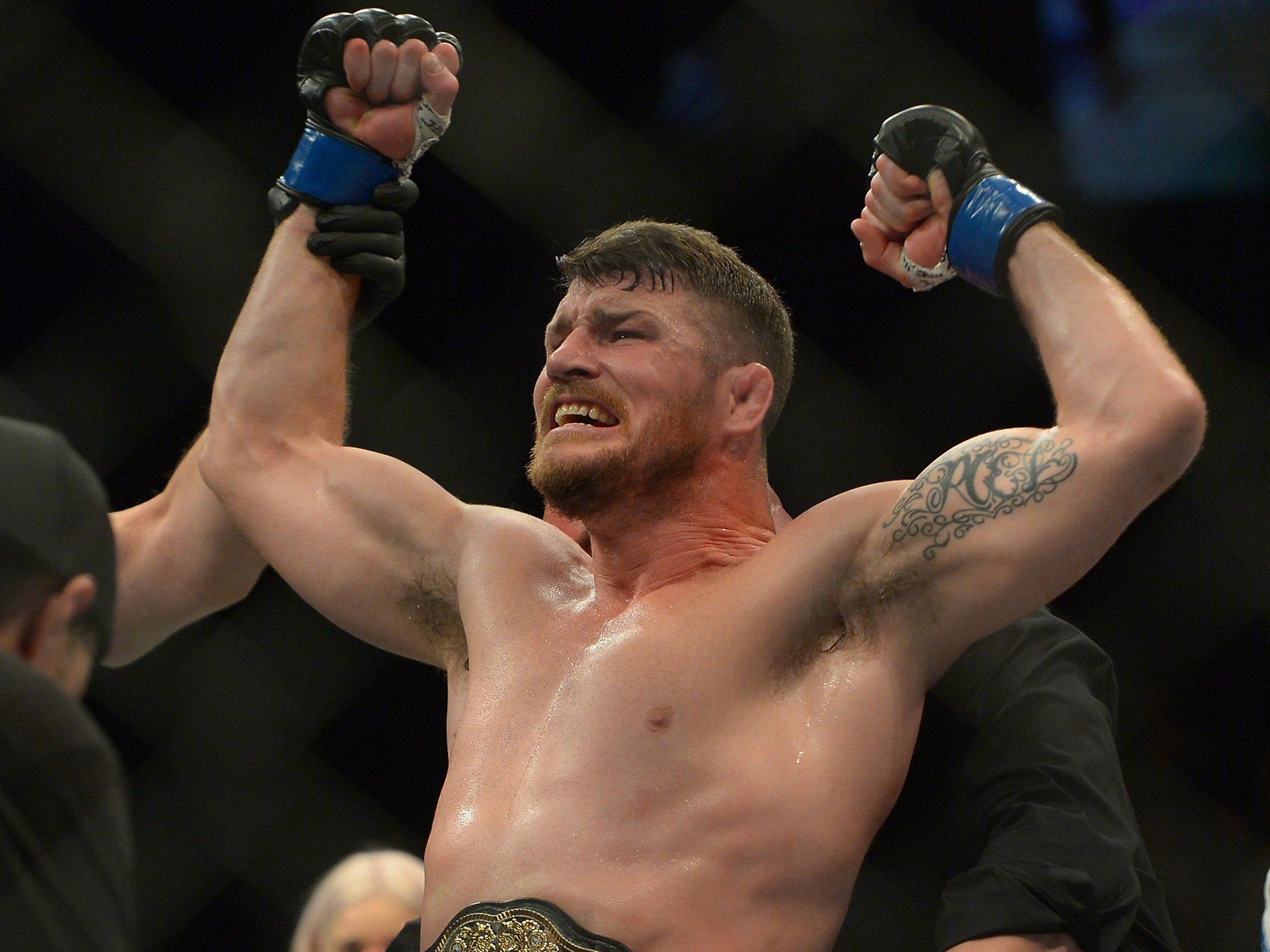 Michael Bisping celebrates his victory over Luke Rockhold at UFC 199