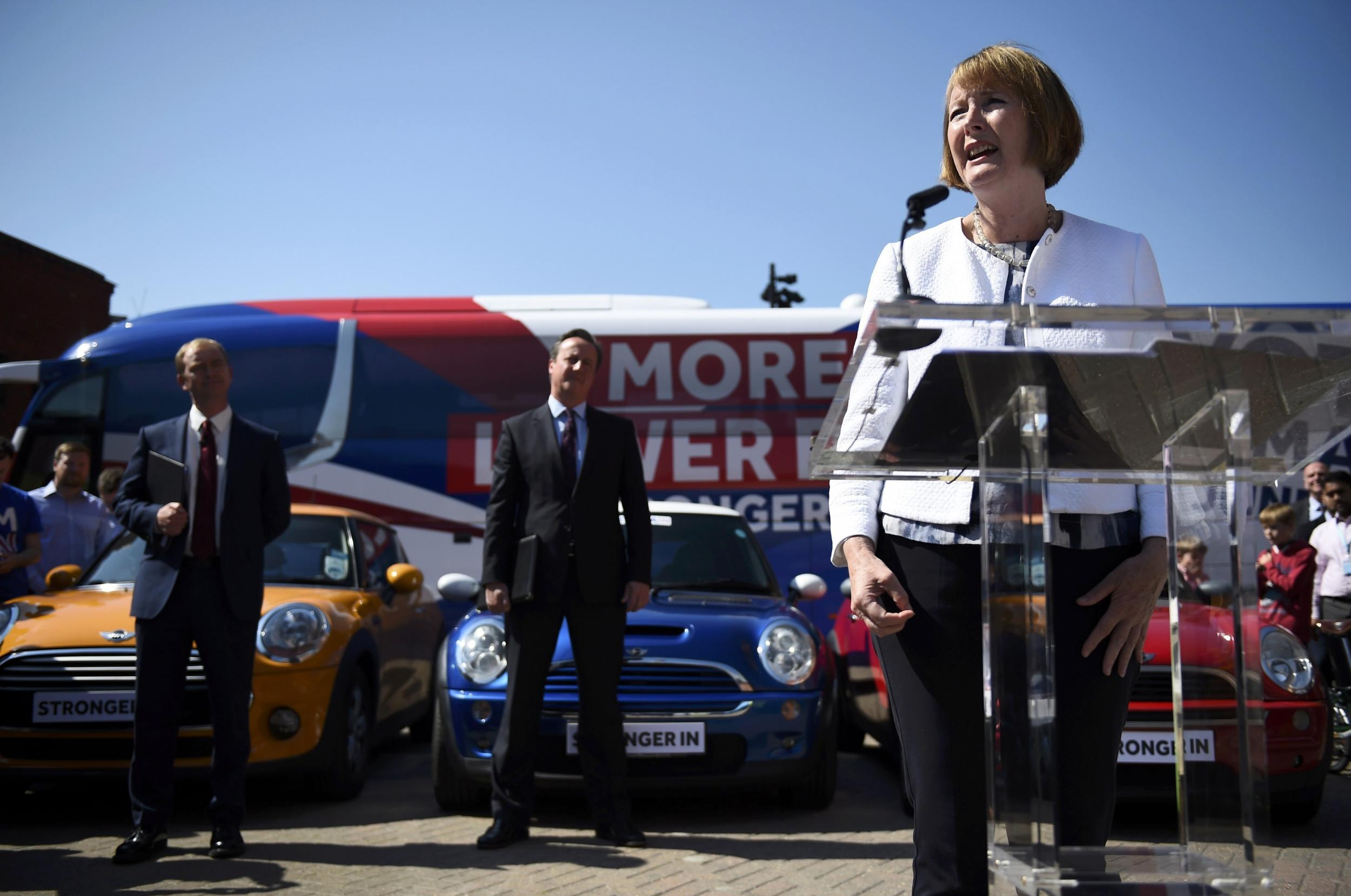 Labour MP Harriet Harman speaks as Prime Minister David Cameron and Democrat Leader Tim Farron (left) watch, during a Britain Stronger In Europe campaign event at the Oval cricket ground in London.