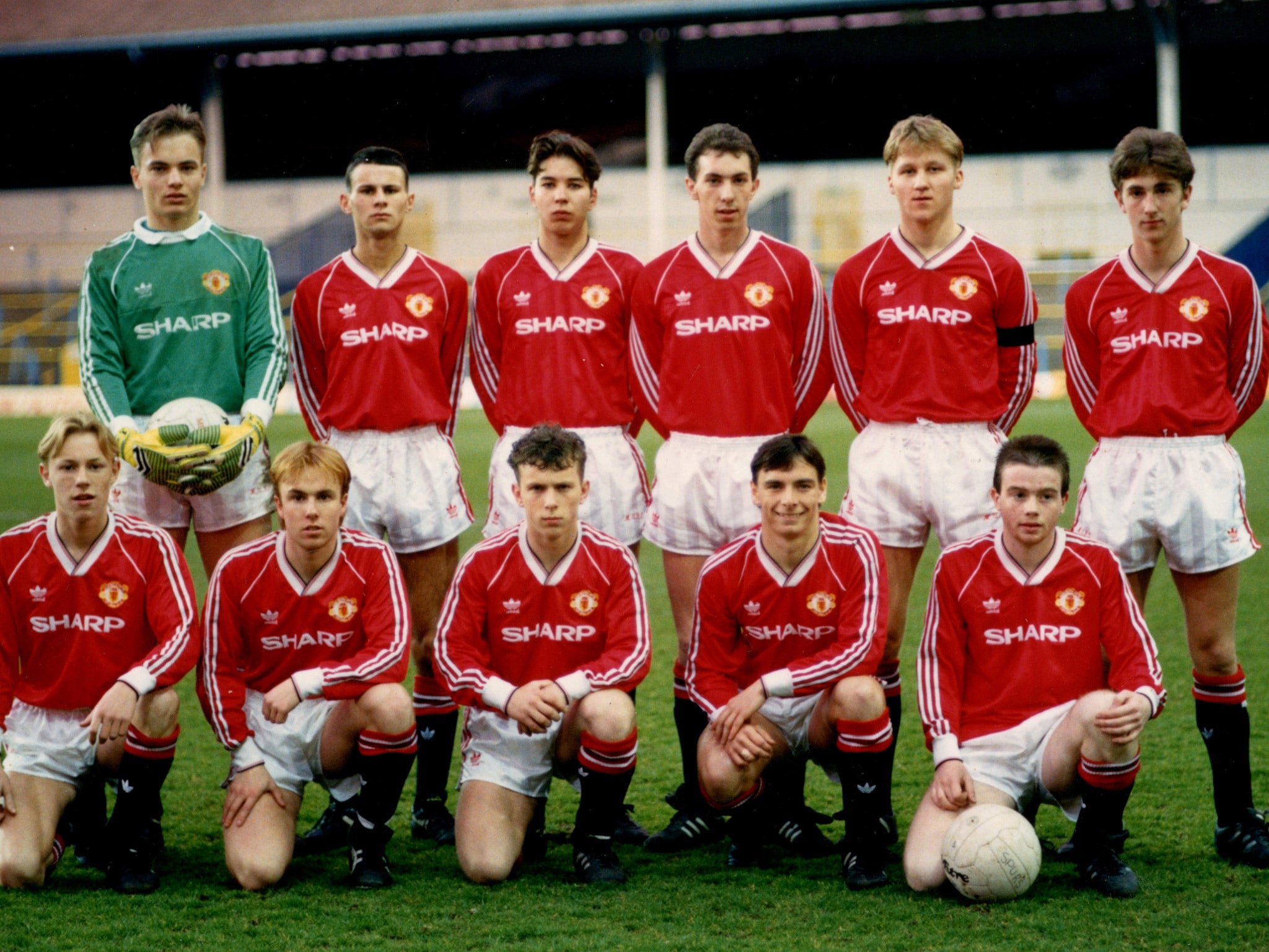 Adrian Doherty (bottom right) pictured in the same team as Mark Bosnich (top left) and Ryan Giggs (top 2L)