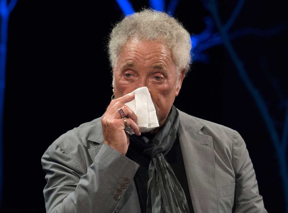 Tom Jones appears to fight back tears during the 2016 Hay Festival