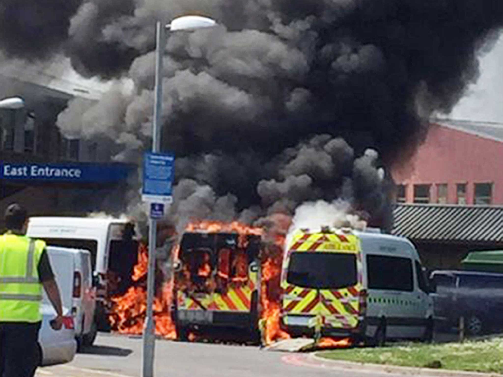A fire at East Surrey Hospital after an ambulance burst into flames