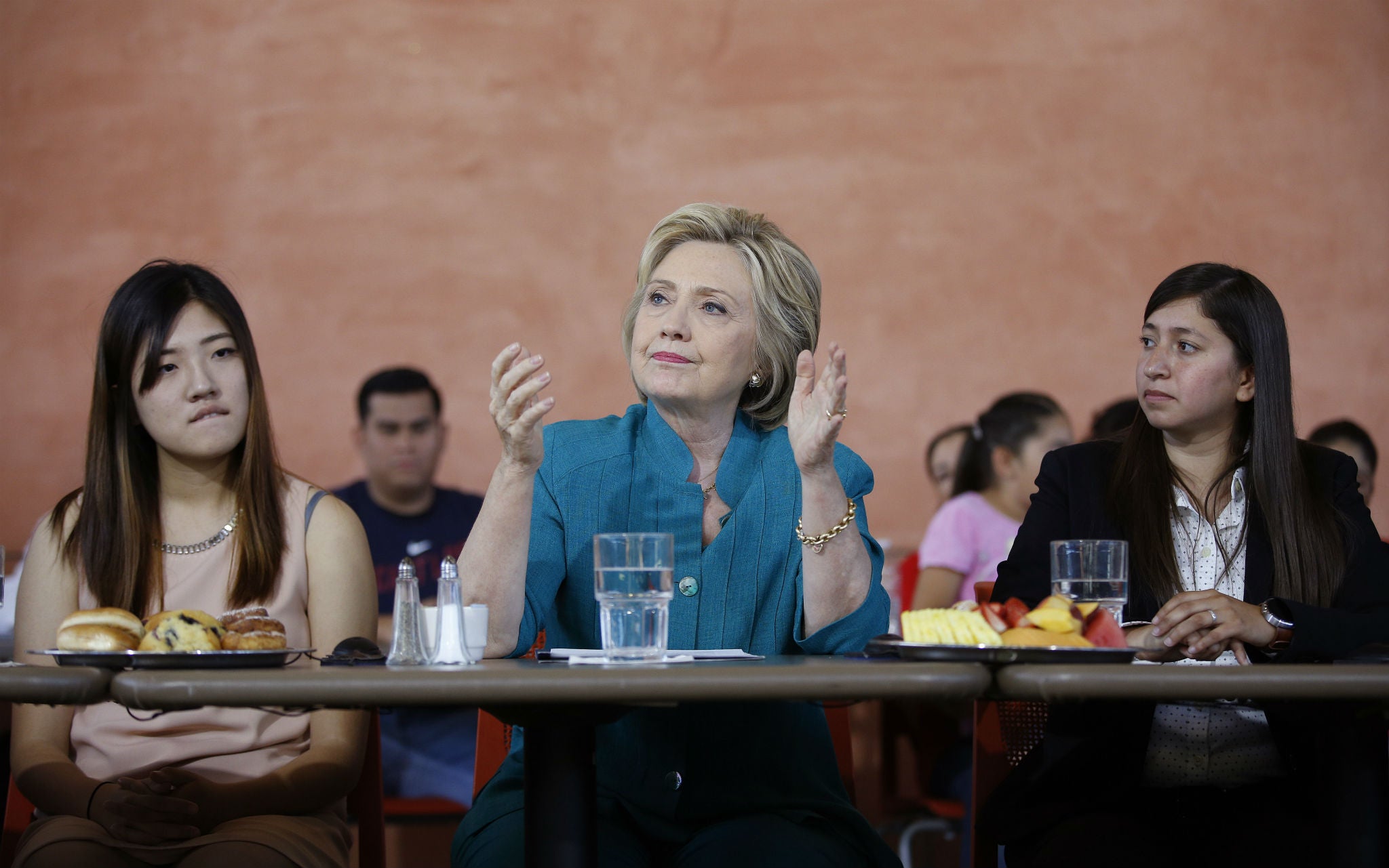 Hillary Clinton hosts a discussion on immigration with Latino and Asian voters at Mission College near Los Angeles