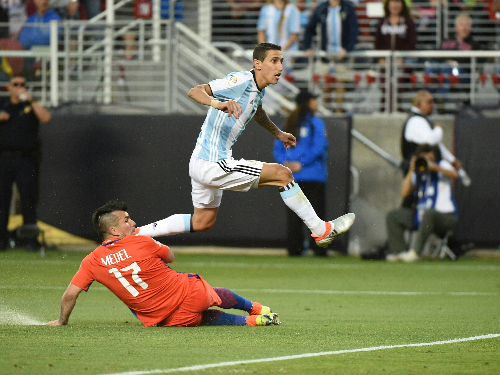 Angel Di Maria scores the opening goal for Argentina against Chile