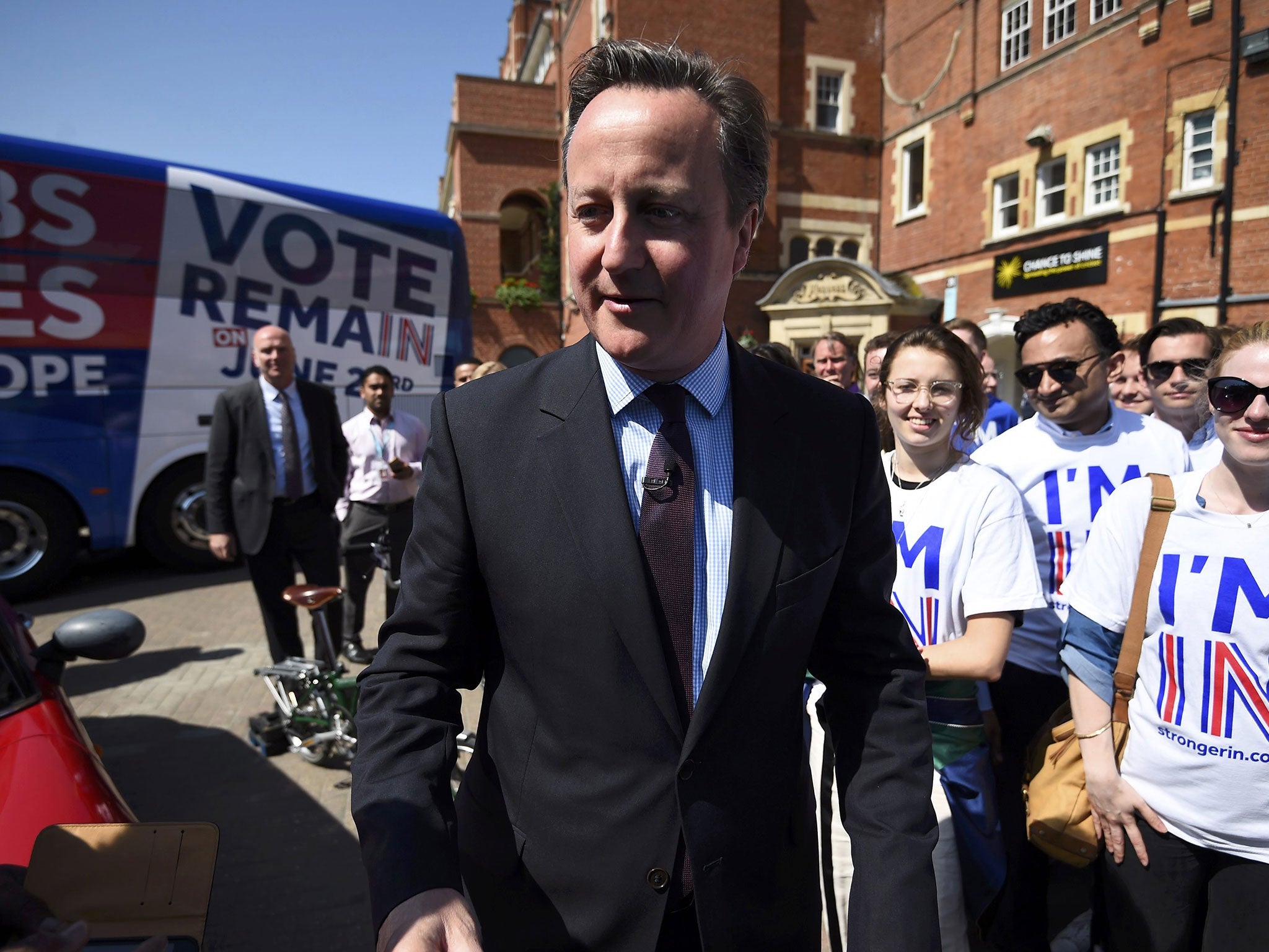 David Cameron talks with suppoters at a campaign event for Britain Stronger In Europe