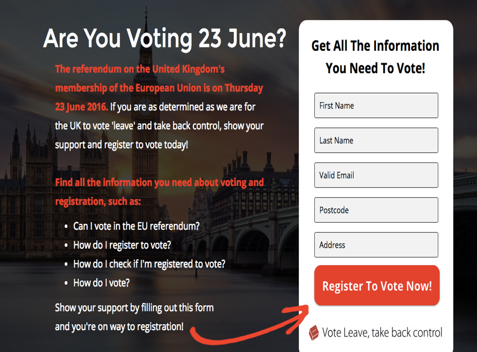 The Vote Leave website that collects user data and does not register anyone to vote
