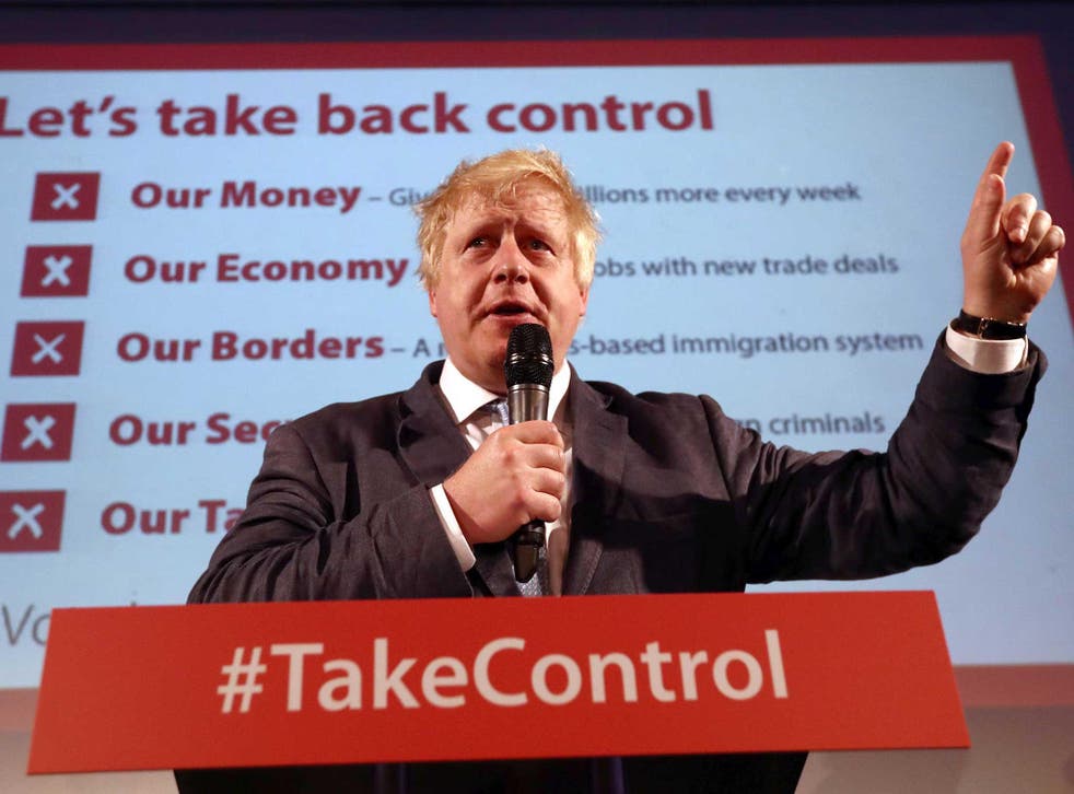 Boris Johnson talks to supporters during a Vote Leave rally in London