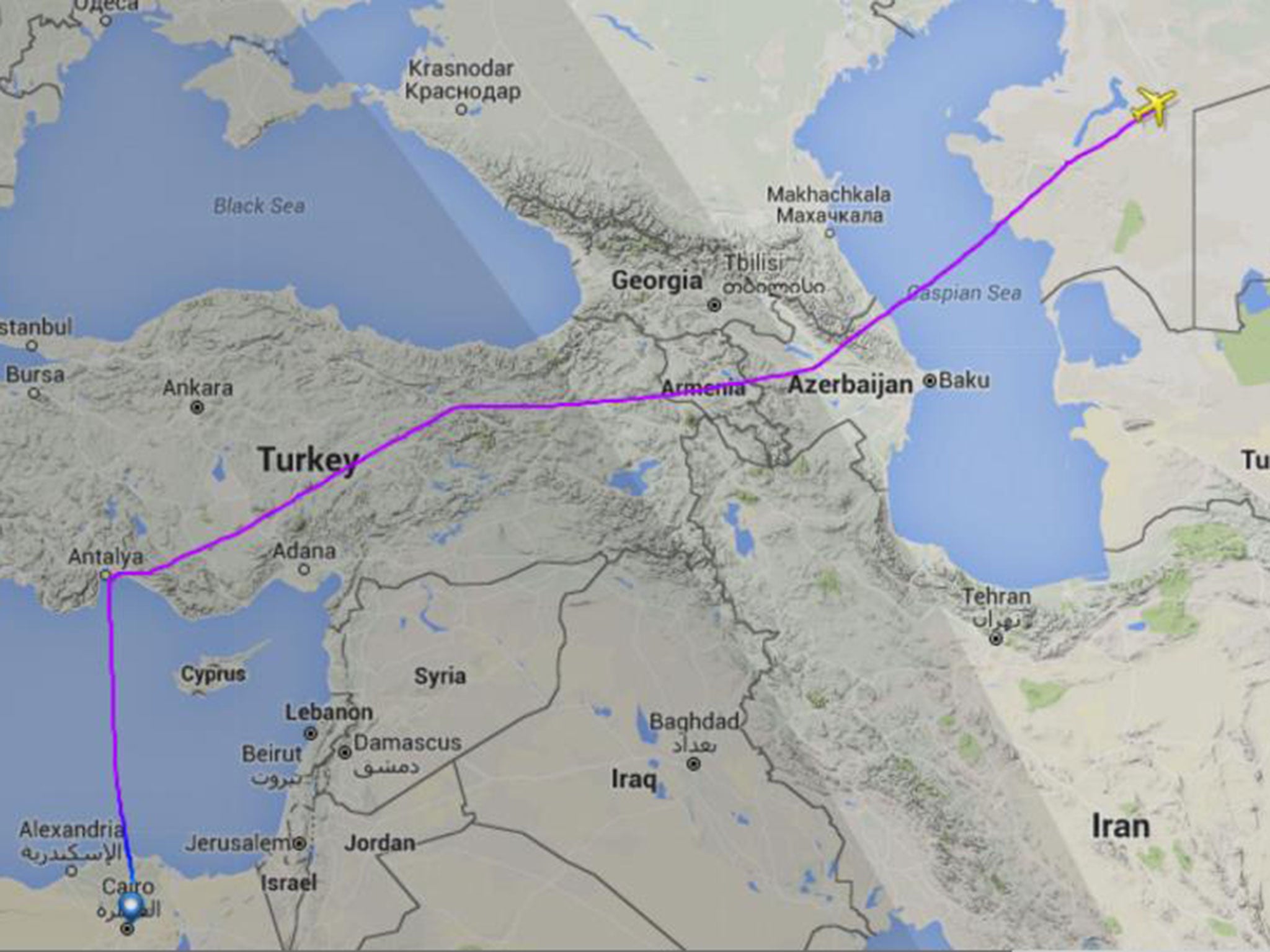 EgyptAir flight 955's flight path on 8 June 2016 before it made an emergency landing in Uzbekistan