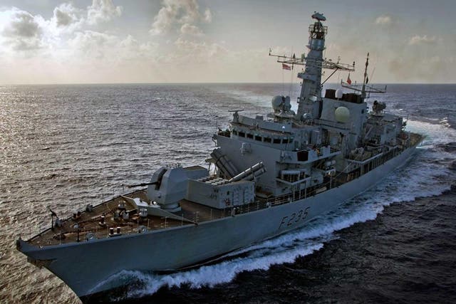 Type 23 frigate HMS Monmouth cuts through the English Channel on her way to a deployment in the Middle East