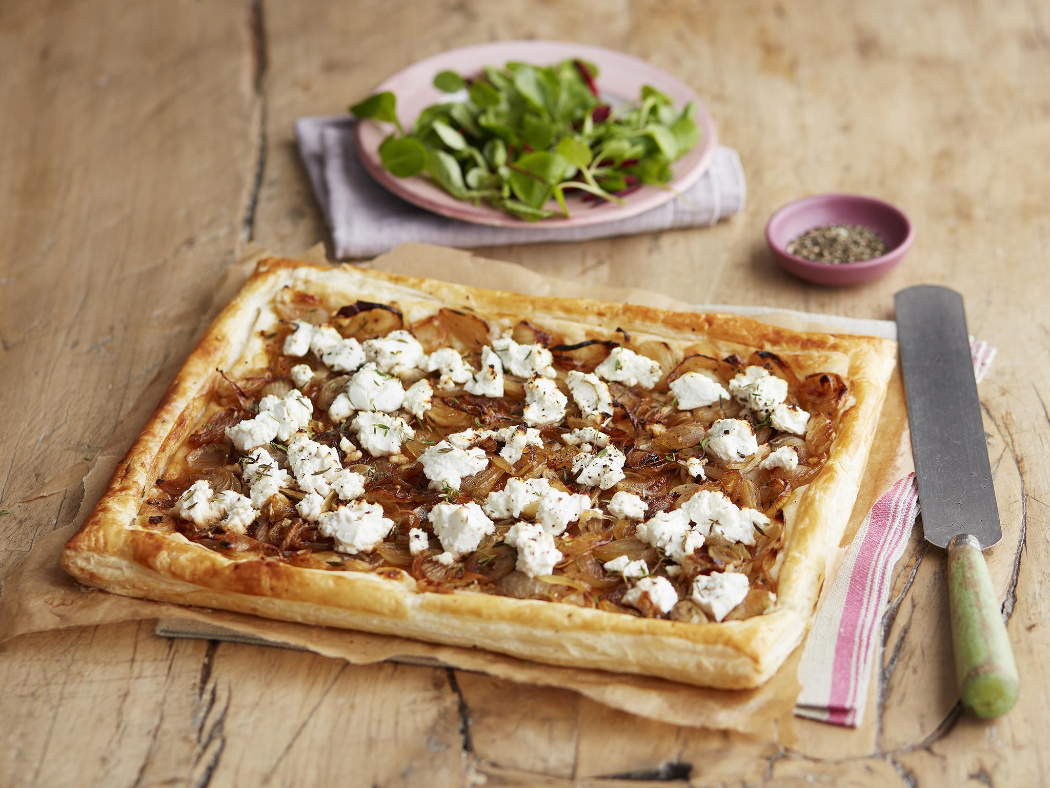 This goat’s cheese and caramelised onion tart takes the pain out of caramelising onions