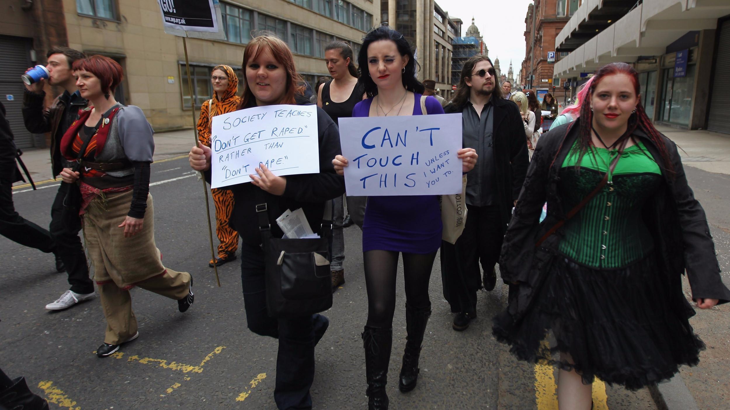 Demonstrators march on a ‘slutwalk’ in Glasgow to raise awareness about commonly-held attitudes towards rape