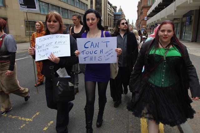 Demonstrators march on a ‘slutwalk’ in Glasgow to raise awareness about commonly-held attitudes towards rape