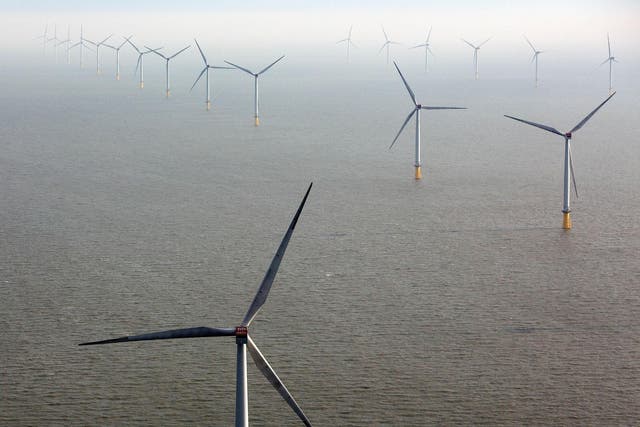 Wind turbines sit in the North Sea at the London Array offshore wind farm, a partnership between Dong Energy A/S, E.ON AG and Abu Dhabi-based Masdar